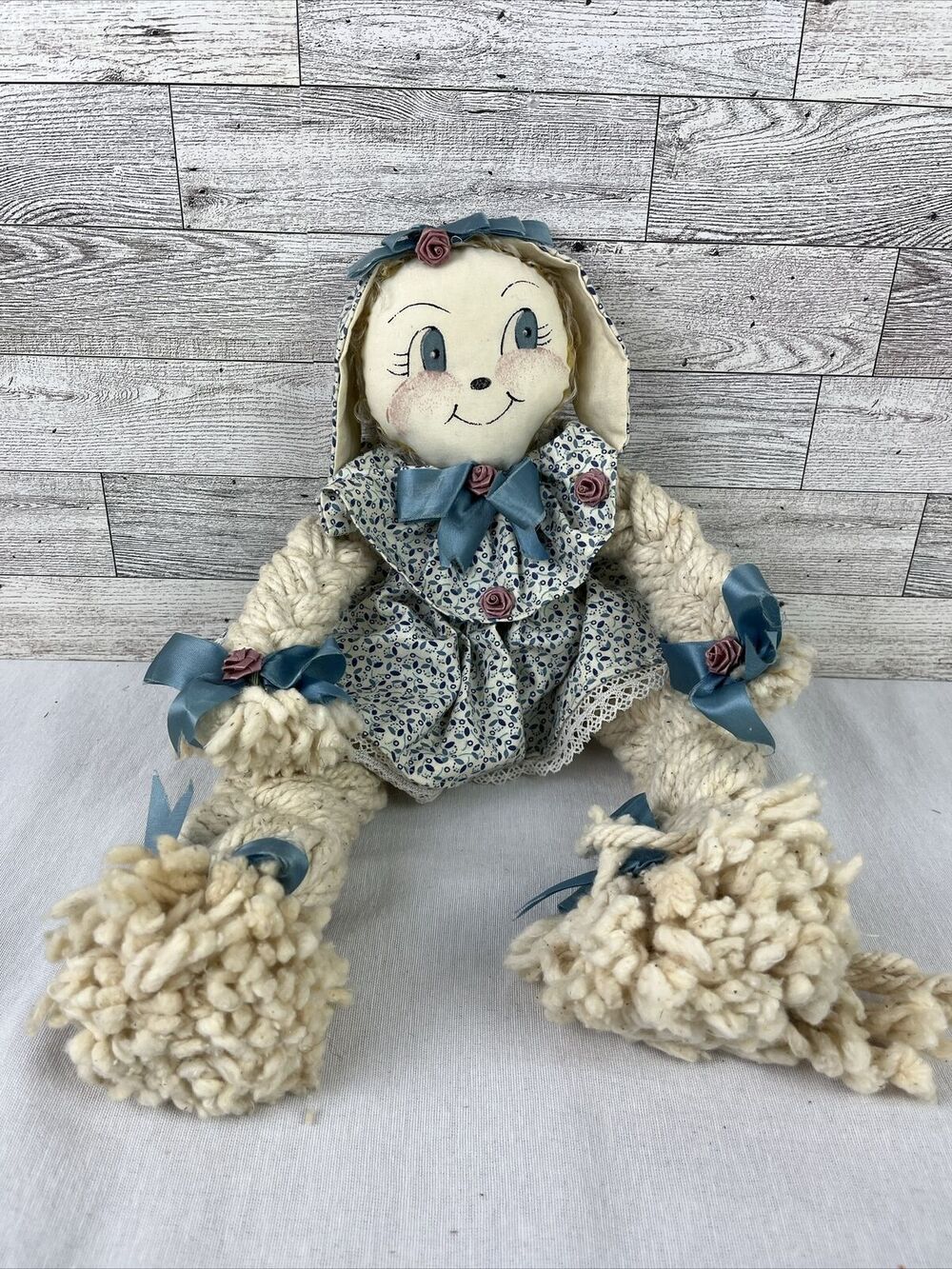 Vintage Folk Art Stuffed Rabbit 17” Doll Braided Rope Limbs Floppy Ears
